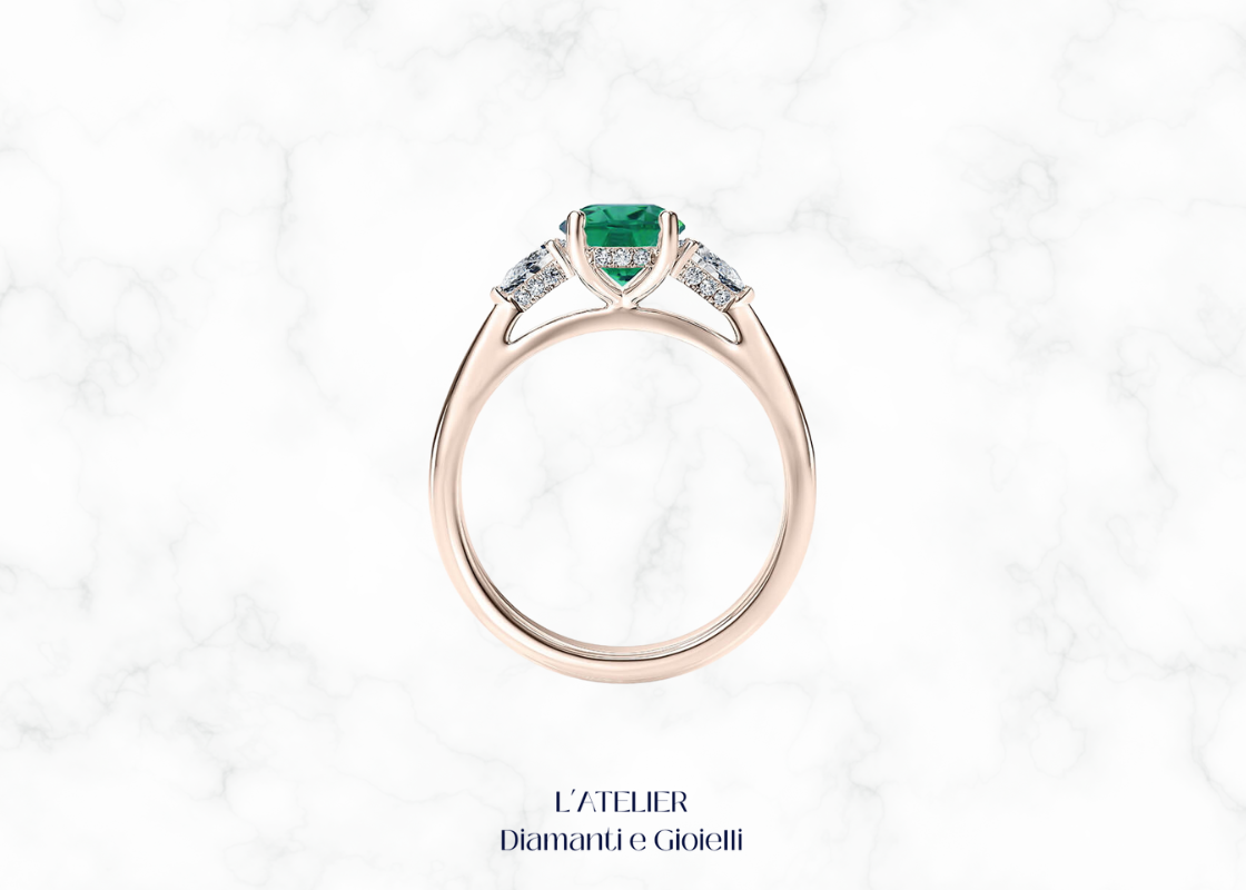 Natural Emerald and Diamond Trilogy Ring in 18kt Gold | Atelier Diamanti e Gioielli
