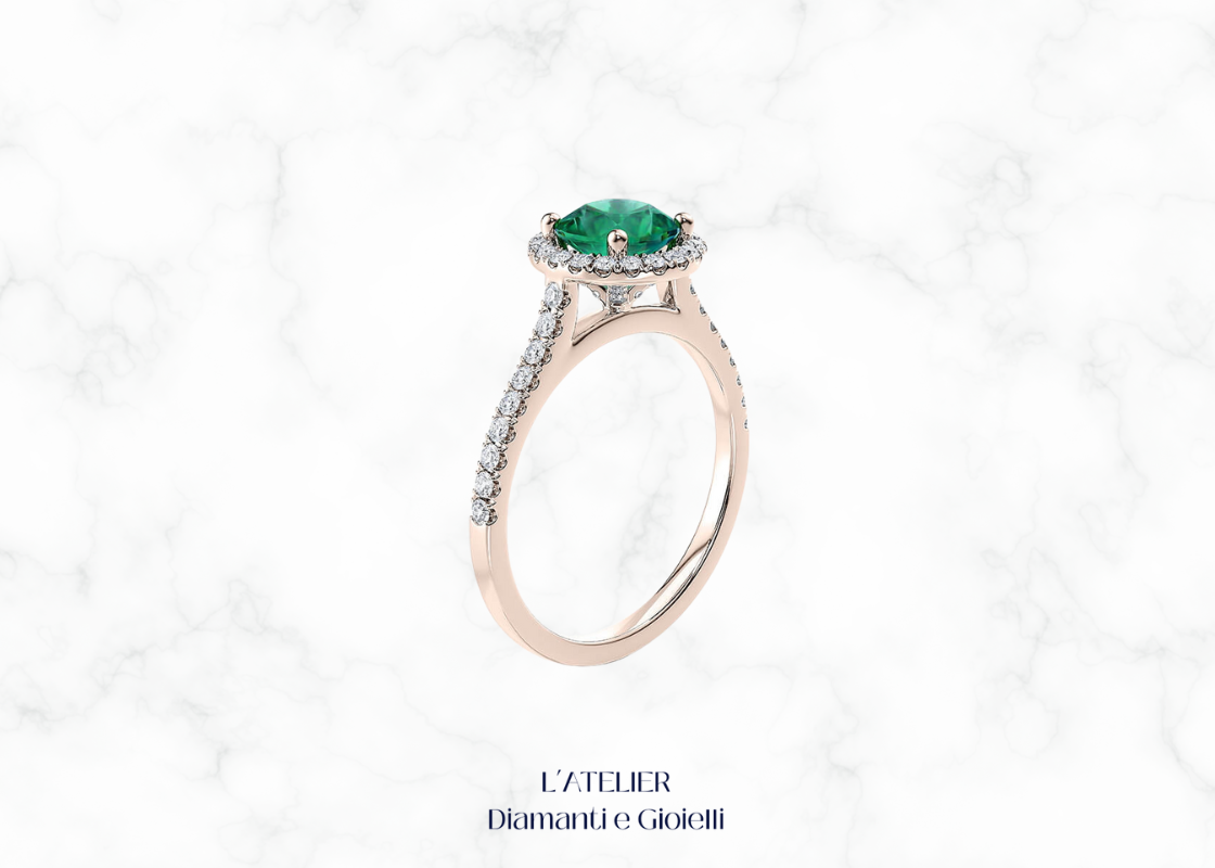 Natural Emerald and Diamond Halo Ring in 18kt Gold | Atelier Diamanti e Gioielli