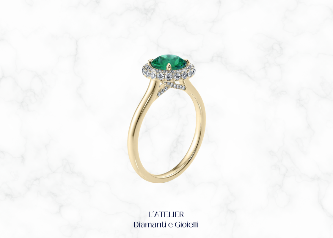 Natural Emerald and Diamond Halo Ring in 18kt Gold | Atelier Diamanti e Gioielli