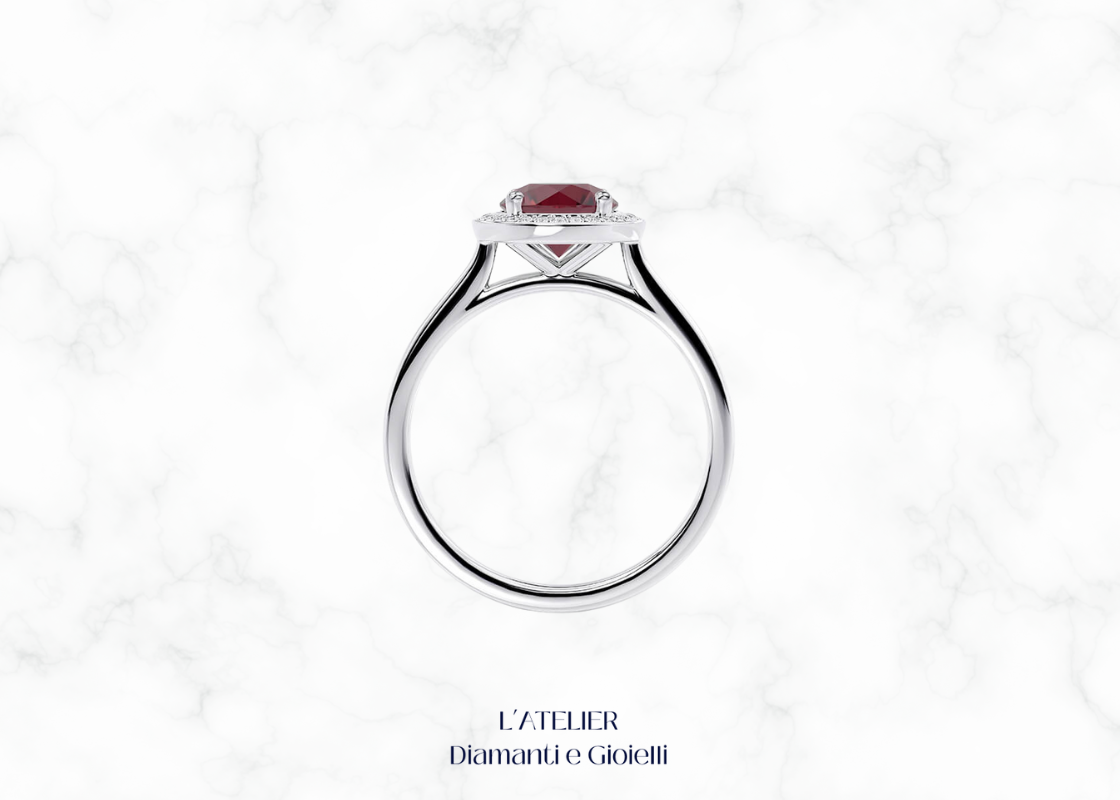 Natural Ruby and Diamond Halo Ring in 18kt Gold | Atelier Diamanti e Gioielli