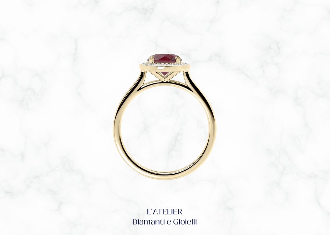 Anello di fidanzamento Halo in Oro 18kt con Rubino Naturale centrale rotondo e contorno di Diamanti Naturali.