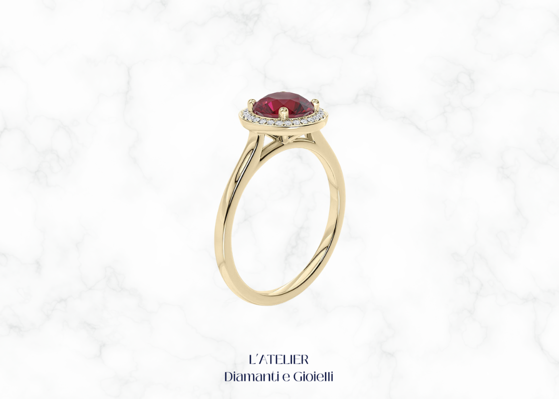 Anello di fidanzamento Halo in Oro 18kt con Rubino Naturale centrale rotondo e contorno di Diamanti Naturali.
