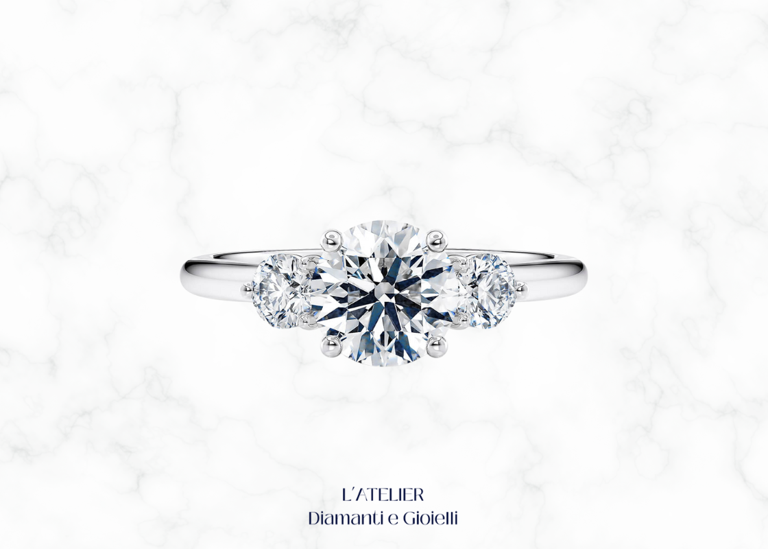 Lussuoso anello Trilogy 'Aurora' in oro 18 carati con tre diamanti brillanti allineati. Gioiello simbolo di passato, presente e futuro, ideale per un fidanzamento o anniversario.