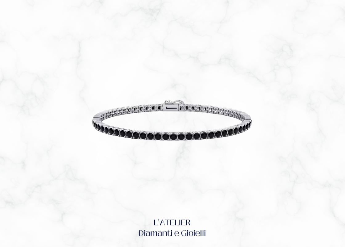 Bracciale modello tennis con diamanti neri incastonati su oro bianco o platino, su sfondo scuro. Gioiello di lusso e raffinatezza.