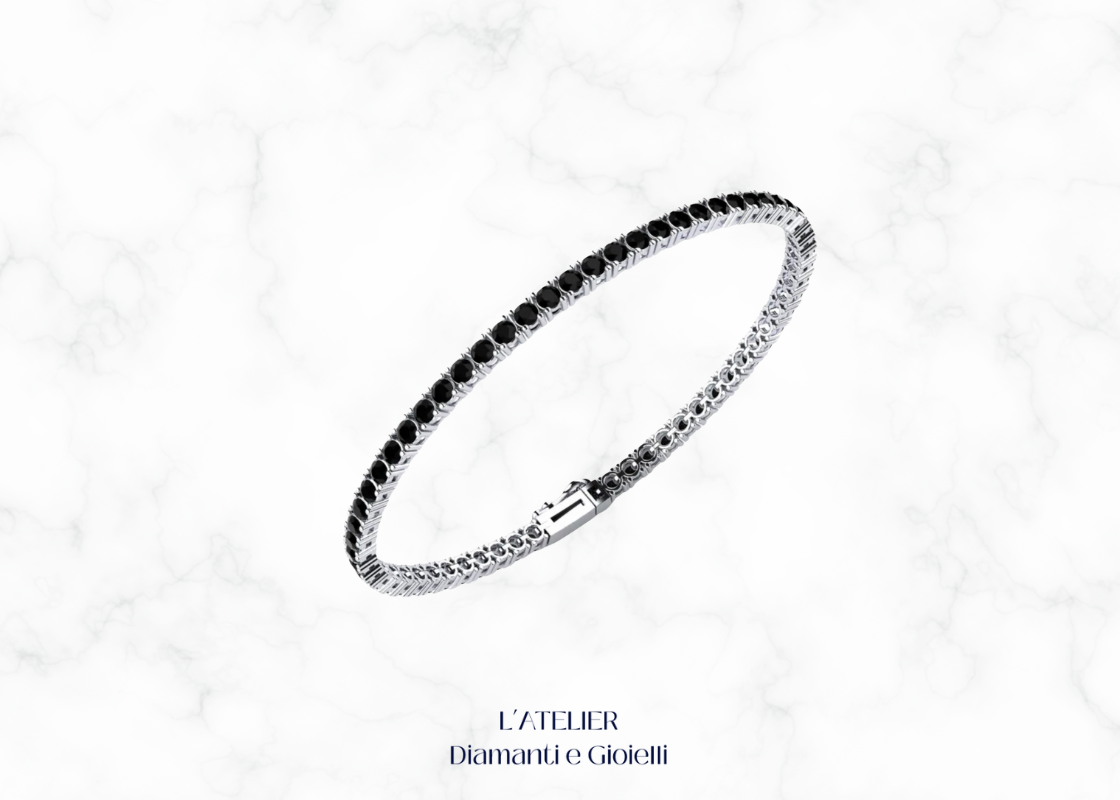 Bracciale modello tennis con diamanti neri incastonati su oro bianco o platino, su sfondo scuro. Gioiello di lusso e raffinatezza.