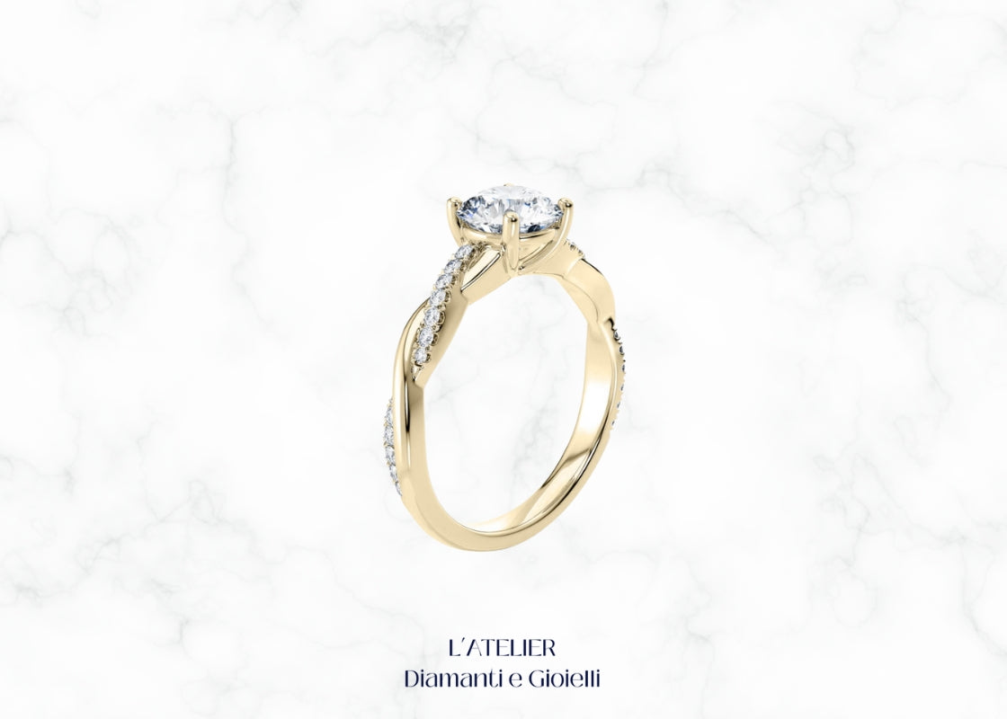 Anello Fascia Intrecciata "Amore Infinito" in Oro 18kt con Diamanti rotondi taglio brillante, design moderno ed elegante Atelier Diamanti.