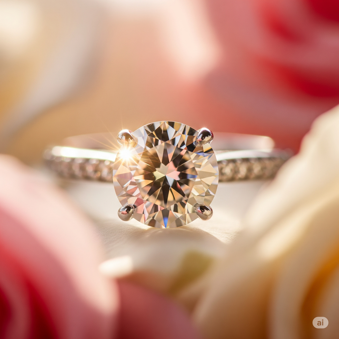 Primo piano di un anello di fidanzamento solitario con diamante taglio brillante, adagiato tra petali di rosa, simbolo di amore e proposta. Gioiello di Atelier Diamanti e Gioielli a Roma