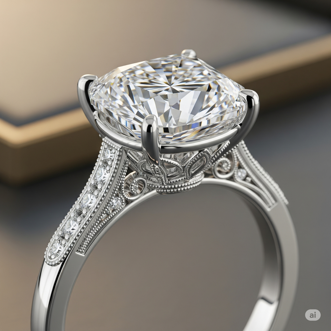 Primo piano di un lussuoso anello di fidanzamento con un grande diamante, simbolo di amore eterno