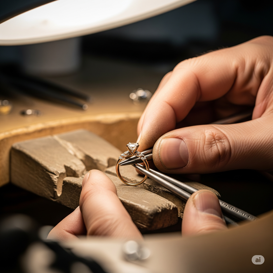 Primo piano delle mani di un orafo romano che crea meticolosamente un anello di fidanzamento su misura con un diamante, in un laboratorio orafo a Roma.