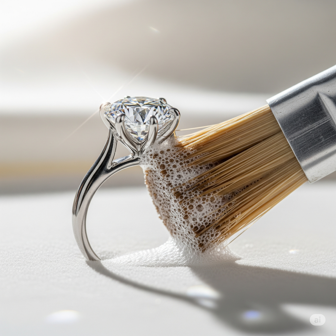 Primo piano di un anello di diamanti che viene delicatamente pulito con una spazzola morbida e una soluzione detergente, mostrando la sua brillantezza in un ambiente elegante.