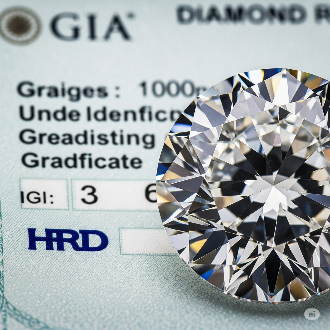 Primo piano di un diamante brillante con certificato GIA/IGI/HRD sullo sfondo, a simboleggiare qualità certificata e fiducia nell'acquisto da Atelier Diamanti.