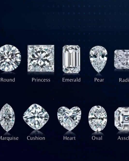 Illustrazione delle diverse forme e tagli di diamante: rotondo, princess, smeraldo, pera, radiante, marquise, cushion, cuore, ovale e asscher. Guida ai tagli di diamante per scegliere il gioiello perfetto da Atelier Diamanti