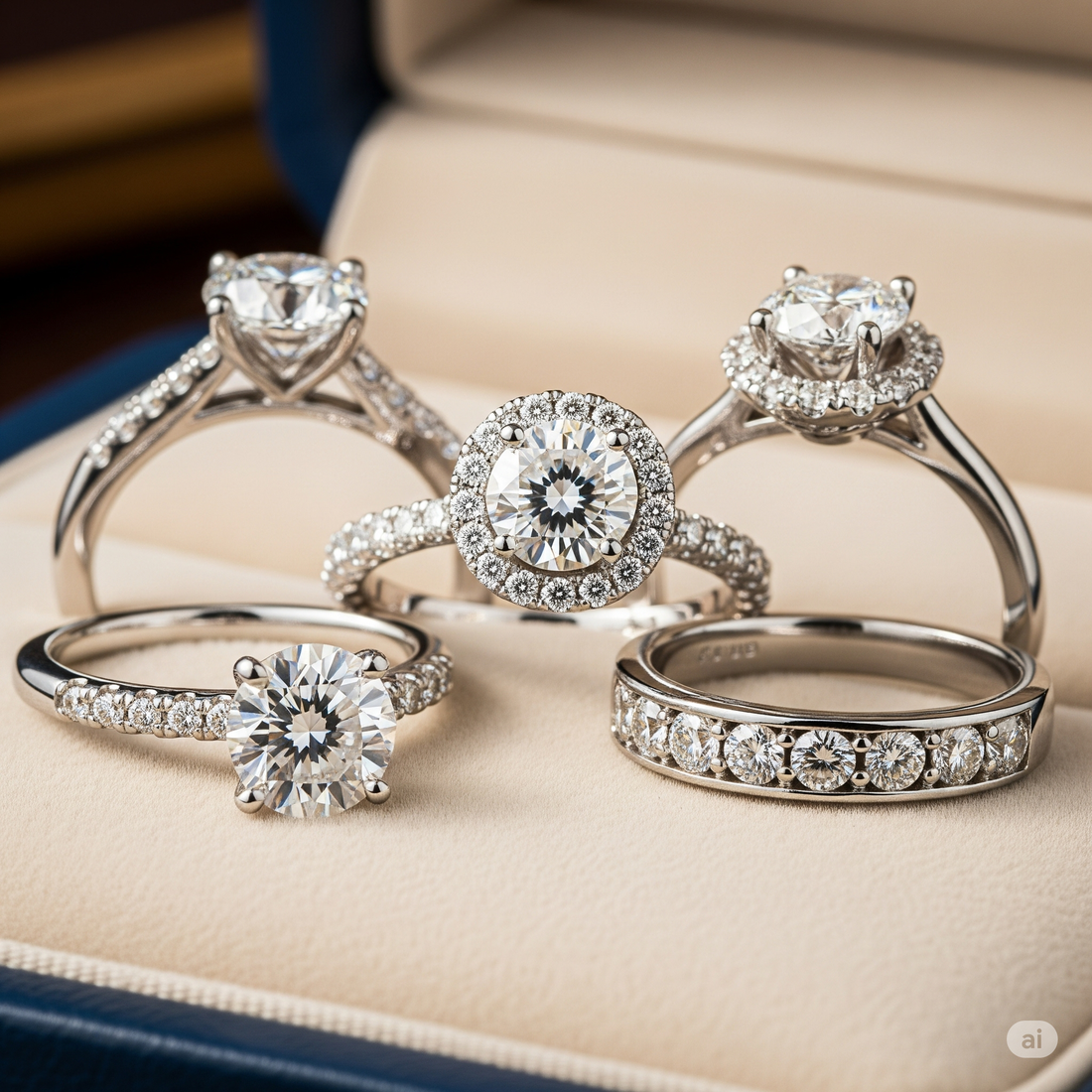 Primo piano di diversi anelli di fidanzamento che mostrano diverse montature come solitario, halo, pavé e canale, enfatizzando i design e l'artigianato unici.