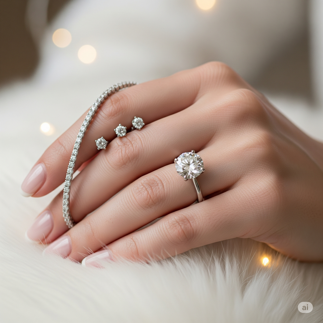 Primo piano della mano di una donna con un elegante bracciale tennis, orecchini a lobo classici con diamanti e un anello di fidanzamento solitario, ambientazione lussuosa.