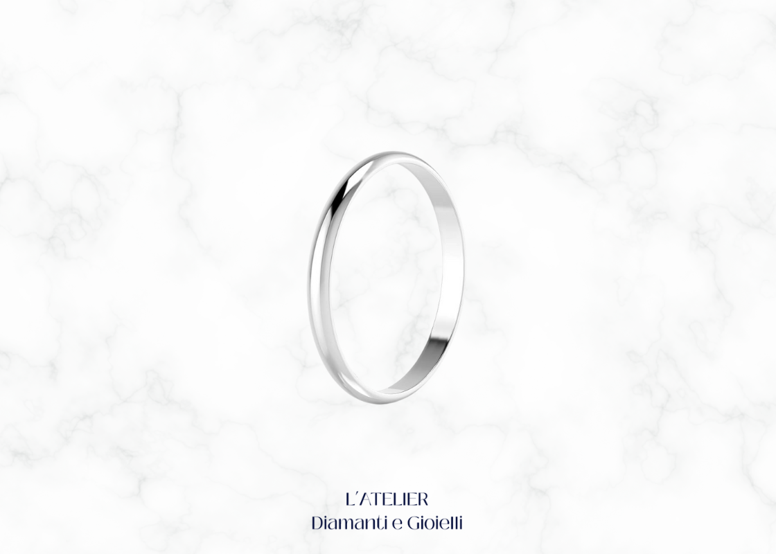 Fede nuziale classica Armonia in oro bianco 18kt, bombata e comfort. Gioiello artigianale italiano Atelier Diamanti per matrimonio.

