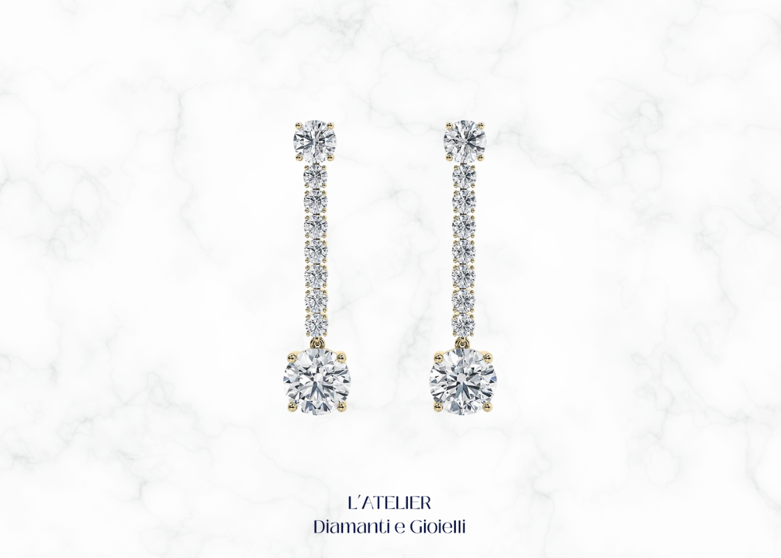 Eleganti orecchini pendenti in oro 18 carati con diamanti, che oscillano delicatamente. Gioielli di lusso e raffinatezza per ogni occasione.