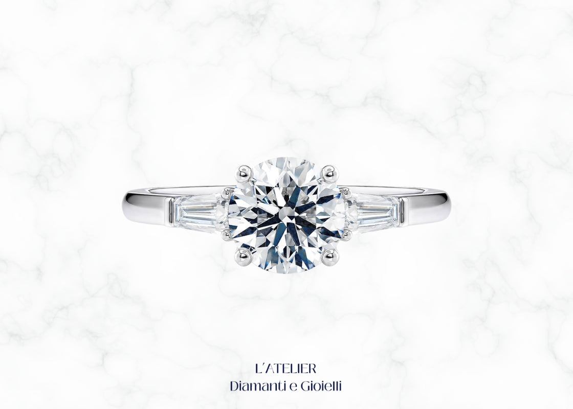 Elegante anello Art Déco in oro 18 carati con diamanti a taglio affusolato (baguette) e design geometrico. Gioiello vintage di lusso.