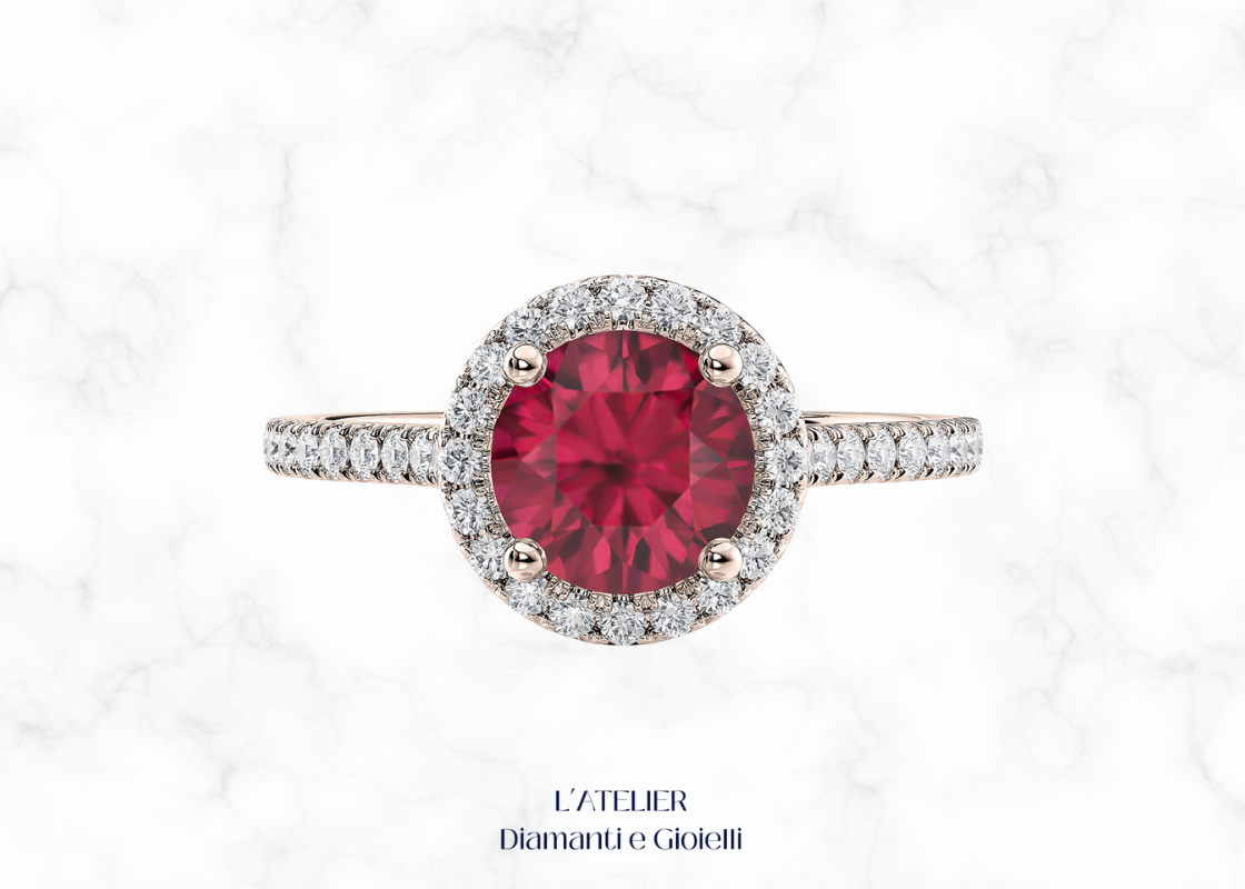 anello rubino naturale diamanti halo oro 18kt pavé Atelier Diamanti