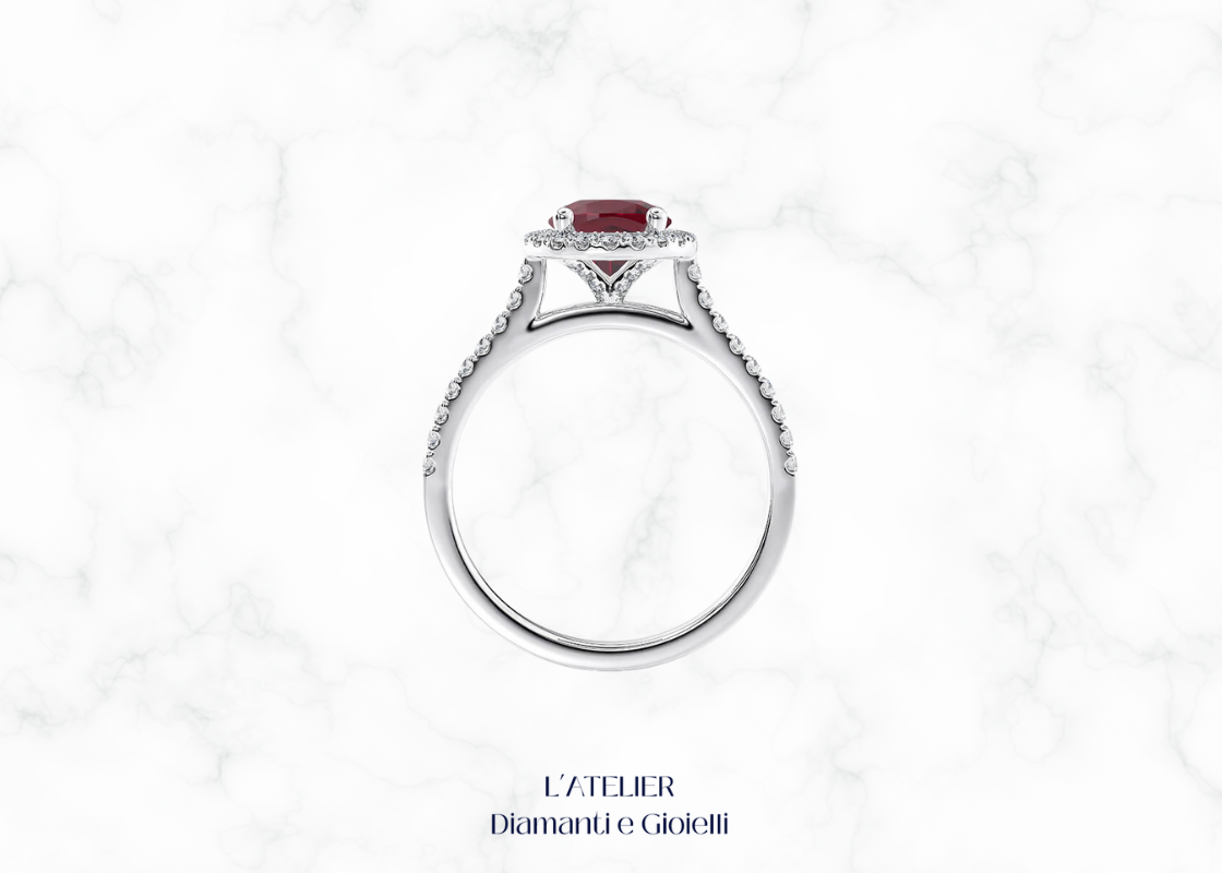 anello rubino naturale diamanti halo oro 18kt pavé Atelier Diamanti
