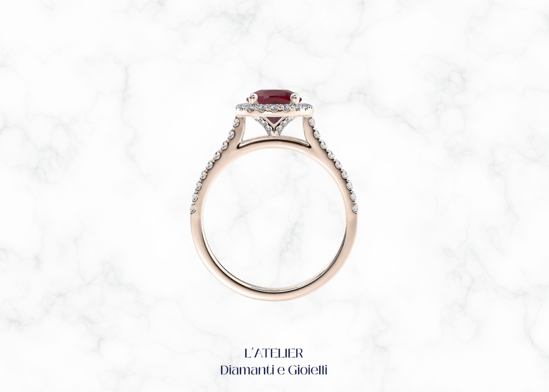 anello rubino naturale diamanti halo oro 18kt pavé Atelier Diamanti