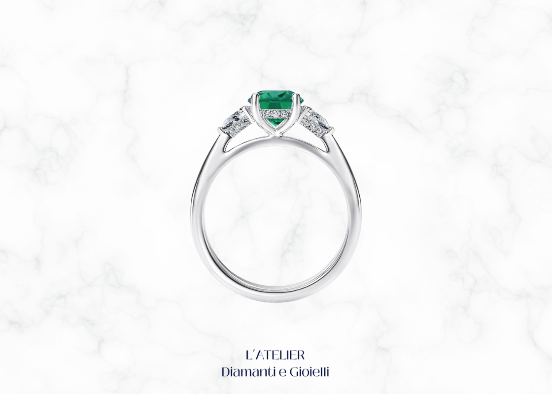 Natural Emerald and Diamond Trilogy Ring in 18kt Gold | Atelier Diamanti e Gioielli