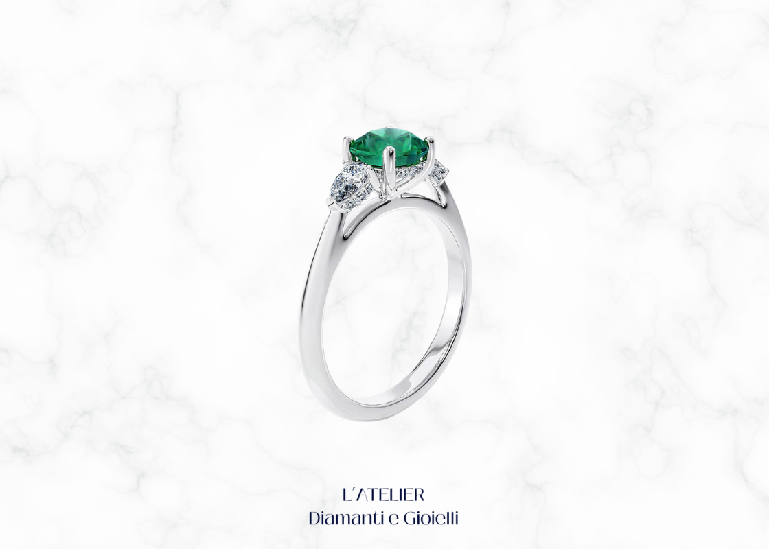 Natural Emerald and Diamond Trilogy Ring in 18kt Gold | Atelier Diamanti e Gioielli