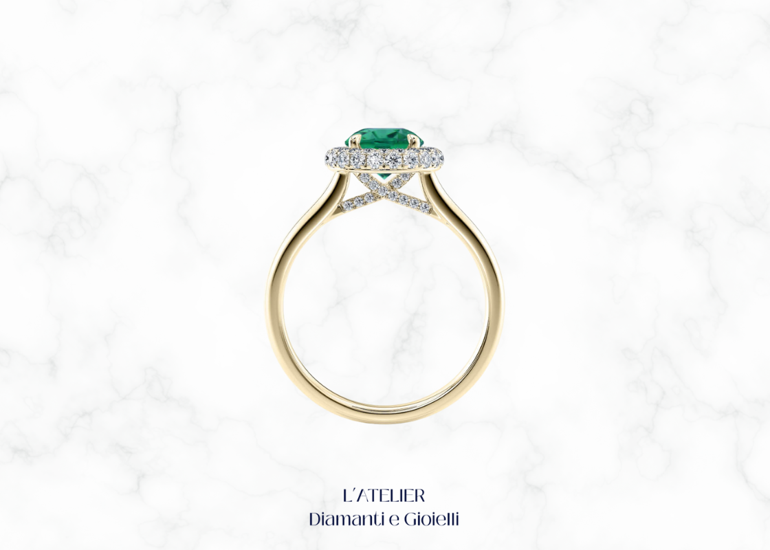 Natural Emerald and Diamond Halo Ring in 18kt Gold | Atelier Diamanti e Gioielli