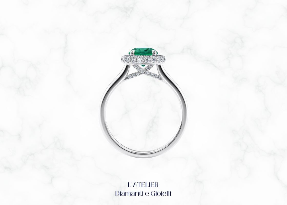 Natural Emerald and Diamond Halo Ring in 18kt Gold | Atelier Diamanti e Gioielli