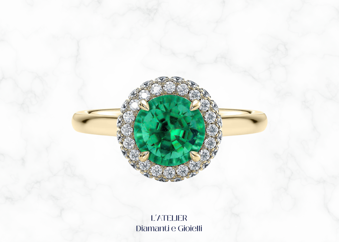 Natural Emerald and Diamond Halo Ring in 18kt Gold | Atelier Diamanti e Gioielli