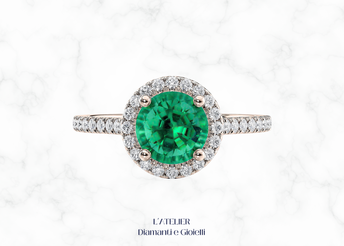 Anello Smeraldo Naturale e Diamanti Halo in Oro 18kt| Atelier Diamanti e Gioielli
