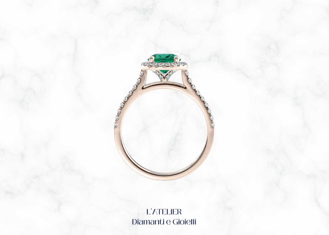 Natural Emerald and Diamond Halo Ring in 18kt Gold | Atelier Diamanti e Gioielli