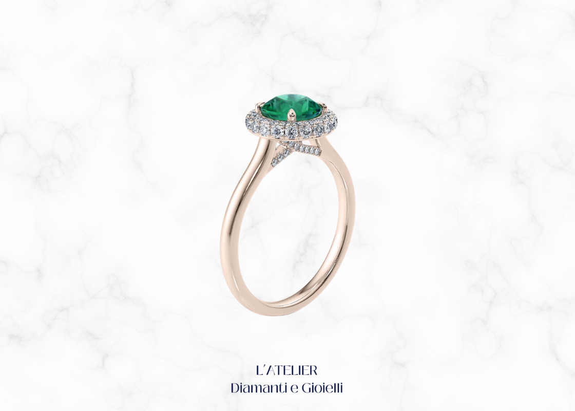 Natural Emerald and Diamond Halo Ring in 18kt Gold | Atelier Diamanti e Gioielli