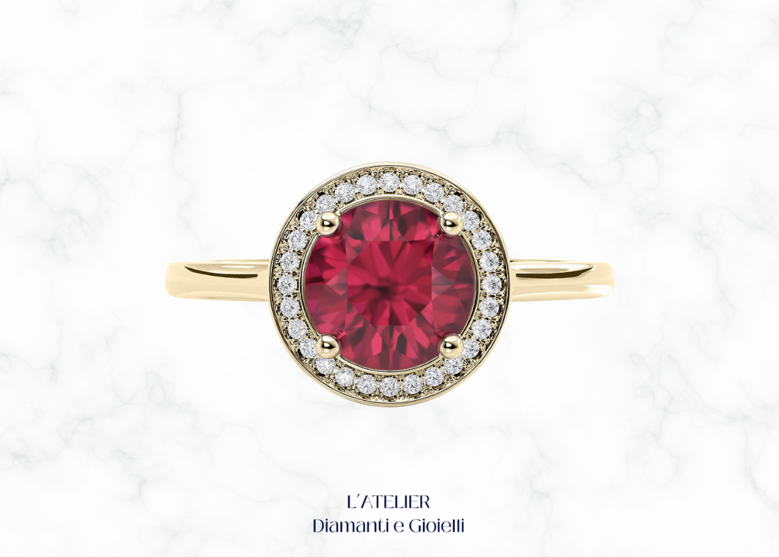 Anello di fidanzamento Halo in Oro 18kt con Rubino Naturale centrale rotondo e contorno di Diamanti Naturali.