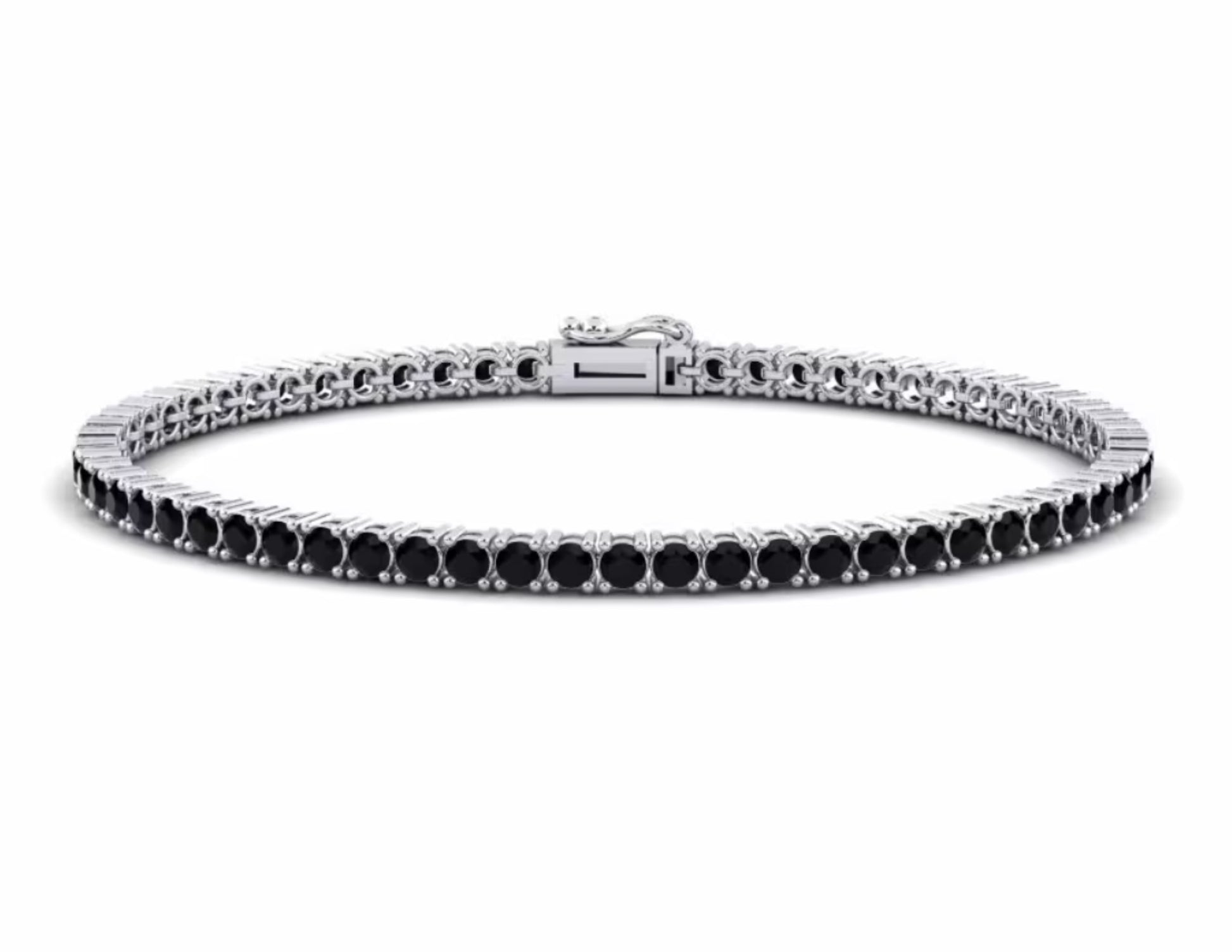 Bracciale modello tennis con diamanti neri incastonati su oro bianco o platino, su sfondo scuro. Gioiello di lusso e raffinatezza.