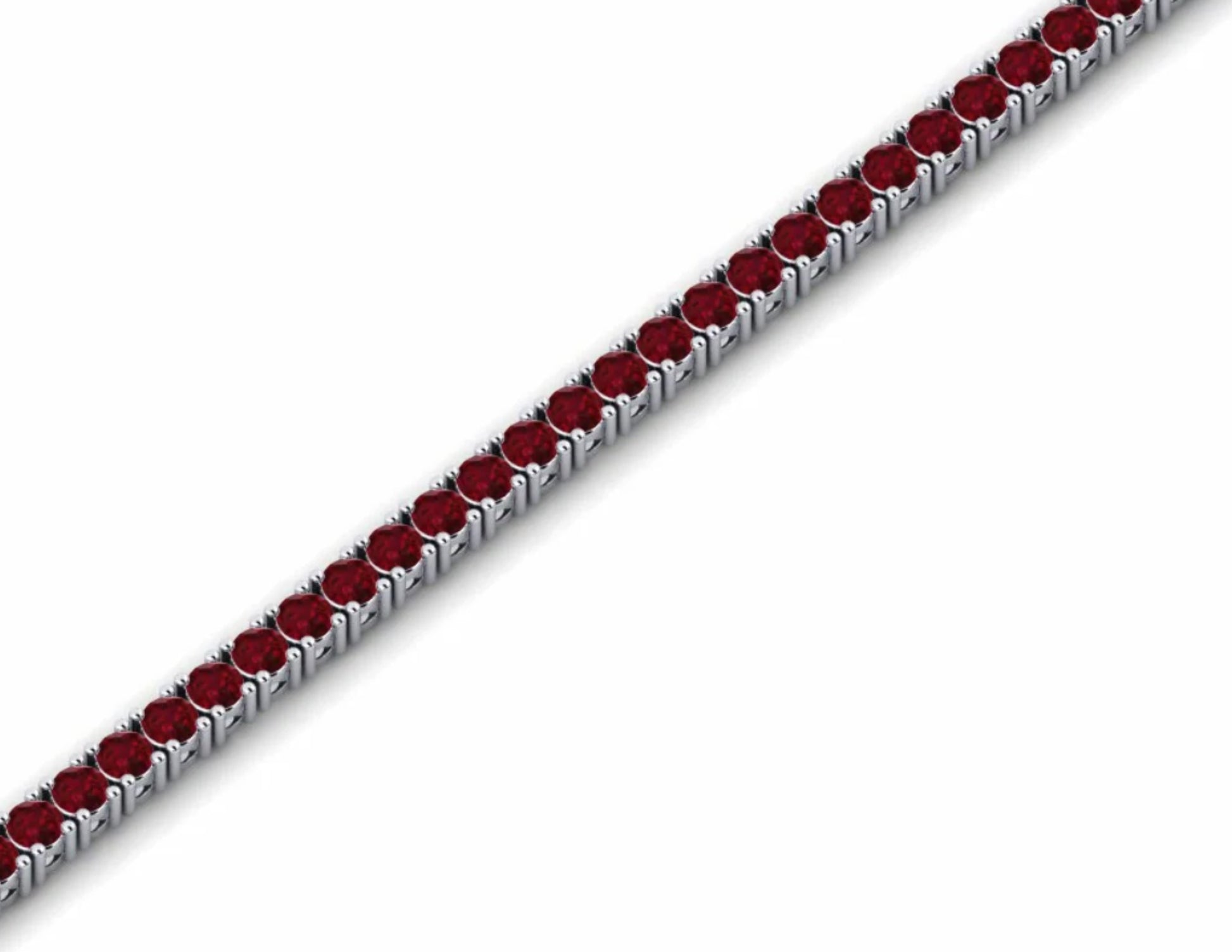 Bracciale modello tennis in oro bianco o platino con rubini rossi e altre pietre preziose, su sfondo scuro. Gioiello di lusso Atelier Diamanti
