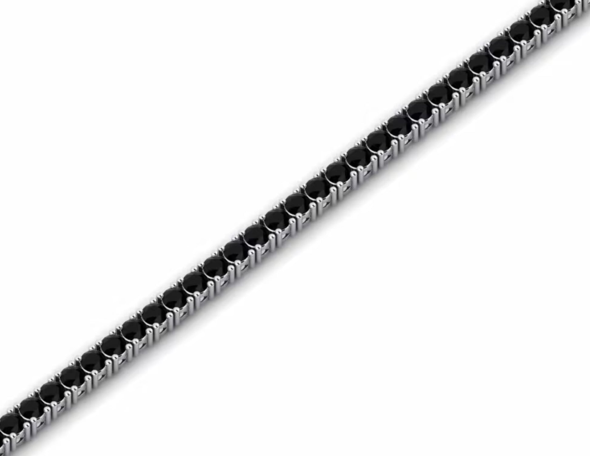 Bracciale modello tennis con diamanti neri incastonati su oro bianco o platino, su sfondo scuro. Gioiello di lusso e raffinatezza.