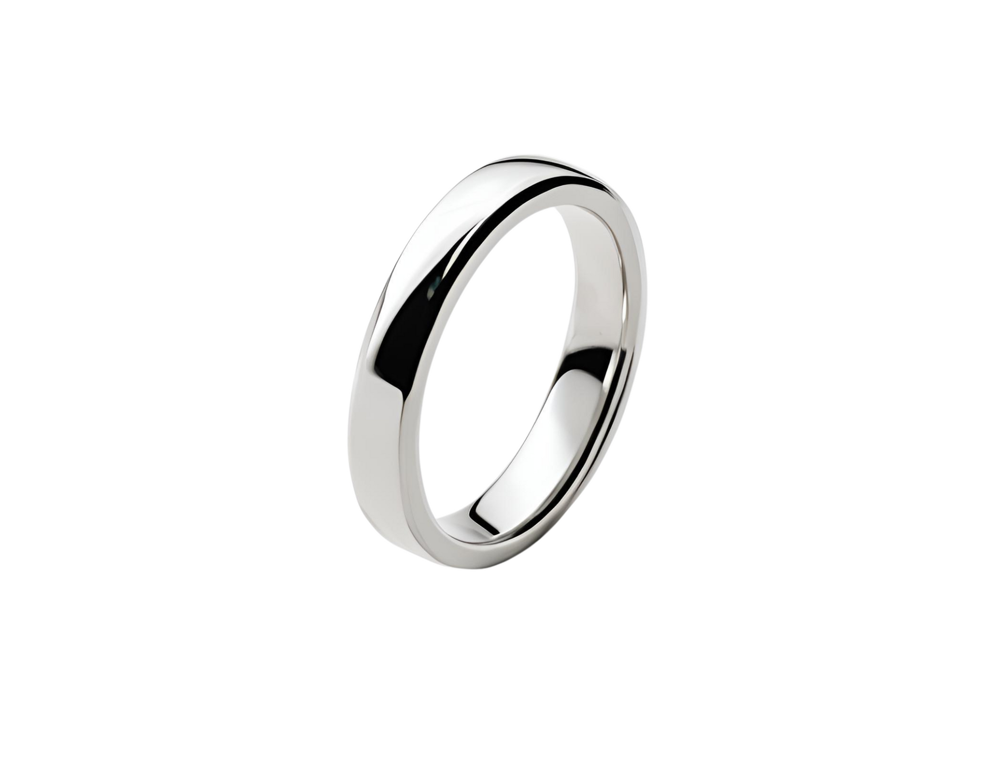 Fede nuziale classica in oro bianco 18 carati, su sfondo neutro. Elegante anello da matrimonio di Atelier Diamanti e Gioileli a Roma.
